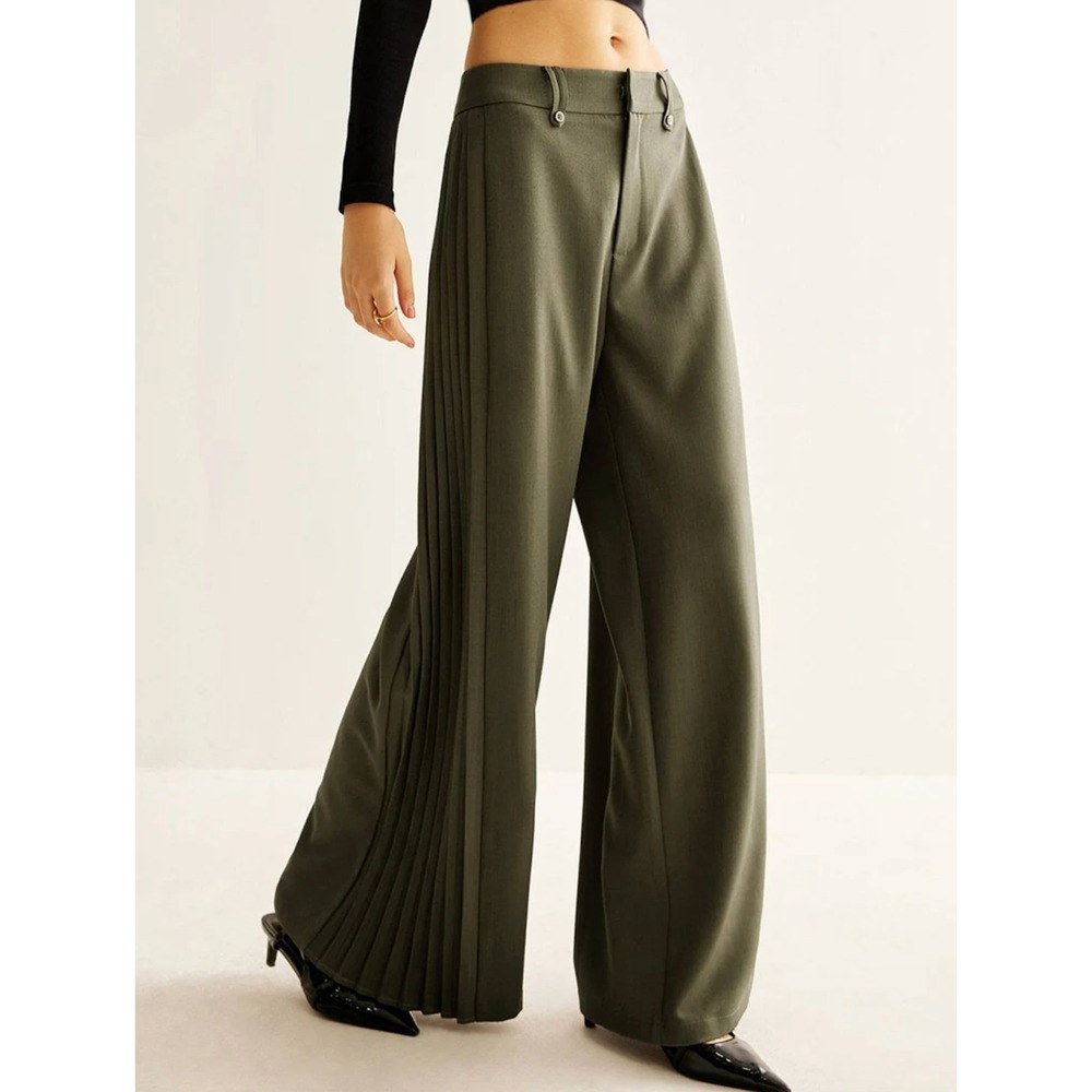 NEW Commense Side Pleated Wide Leg Trouser Pants Army Green Womens Size M